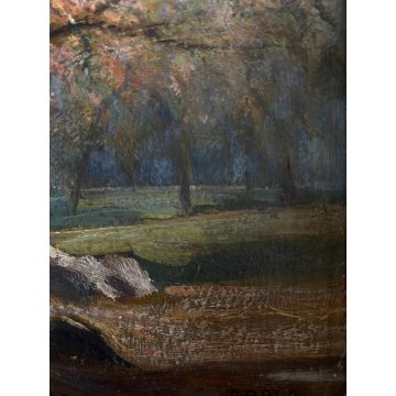 ANTICO QUADRO OLIO Carlo Pianca PAESAGGIO AUTUNNALE SOTTO BOSCO 23 x 15cm  '900