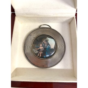 GRANDE MEDAGLIONE MINIATURA CAPOCULLA MADONNA BAMBINO RELIGIOSO ARGENTO 800