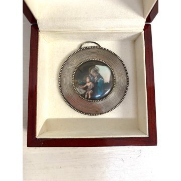 GRANDE MEDAGLIONE MINIATURA CAPOCULLA MADONNA BAMBINO RELIGIOSO ARGENTO 800
