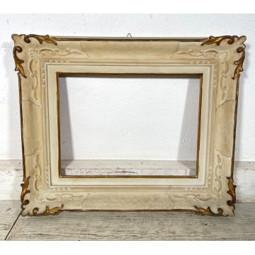 ANTICA PICCOLA CORNICE BIANCA DORATA LEGNO SCOLPITO 58 cm x 48 cm EPOCA '900