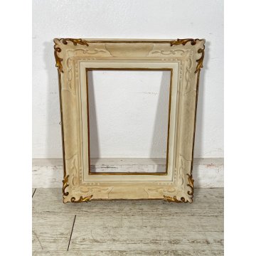 ANTICA PICCOLA CORNICE BIANCA DORATA LEGNO SCOLPITO 58 cm x 48 cm EPOCA '900