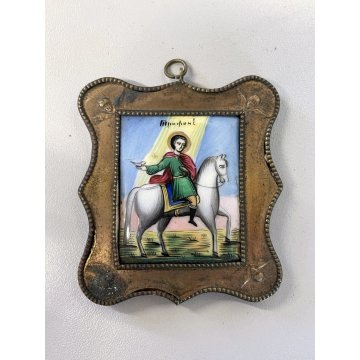ANTICA ICONA RUSSA smaltata OTTONE XIX sec SAN TRIFONE il FALCO 6,5x7 cm RARA