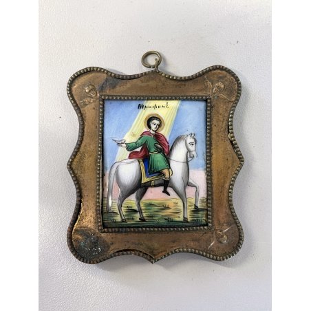ANTICA ICONA RUSSA smaltata OTTONE XIX sec SAN TRIFONE il FALCO 6,5x7 cm RARA