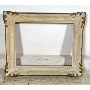 ANTICA PICCOLA CORNICE DORATA BIANCA LEGNO SCOLPITO 58 cm x 48 cm EPOCA '900