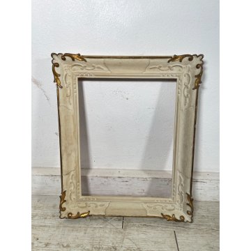 ANTICA PICCOLA CORNICE DORATA BIANCA LEGNO SCOLPITO 58 cm x 48 cm EPOCA '900