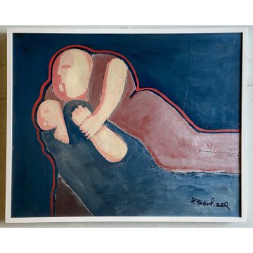 QUADRO DIPINTO ASTRATTO FIGURE SDRAIATE ARTE MODERNA FIRMA "P. Berhizza" (?) '70
