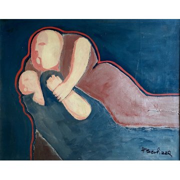 QUADRO DIPINTO ASTRATTO FIGURE SDRAIATE ARTE MODERNA FIRMA "P. Berhizza" (?) '70