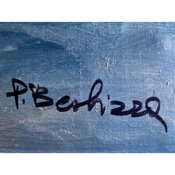 QUADRO DIPINTO ASTRATTO FIGURE SDRAIATE ARTE MODERNA FIRMA "P. Berhizza" (?) '70