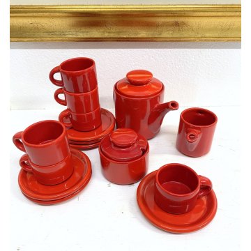 SERVIZIO CAFFE' CERAMICA SMALTO ROSSO 6 tazze 9 Pz. STILE CERAMICHE PICCHIO '70s