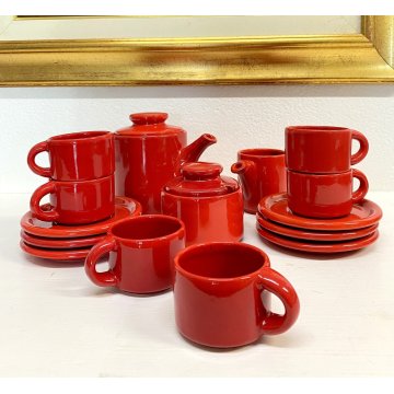 SERVIZIO CAFFE' CERAMICA SMALTO ROSSO 6 tazze 9 Pz. STILE CERAMICHE PICCHIO '70s