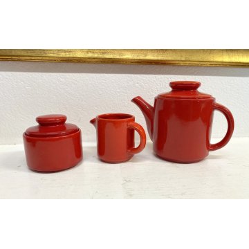 SERVIZIO CAFFE' CERAMICA SMALTO ROSSO 6 tazze 9 Pz. STILE CERAMICHE PICCHIO '70s
