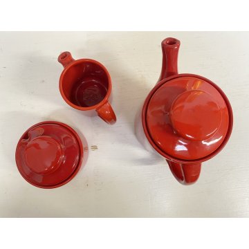 SERVIZIO CAFFE' CERAMICA SMALTO ROSSO 6 tazze 9 Pz. STILE CERAMICHE PICCHIO '70s