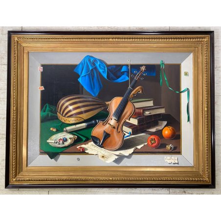 GRANDE QUADRO DIPINTO OLIO Arcangelo Maraga NATURA MORTA FRUTTA LIBRI VIOLINO