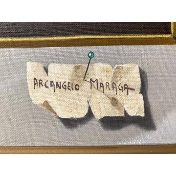 GRANDE QUADRO DIPINTO OLIO Arcangelo Maraga NATURA MORTA FRUTTA LIBRI VIOLINO