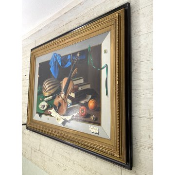 GRANDE QUADRO DIPINTO OLIO Arcangelo Maraga NATURA MORTA FRUTTA LIBRI VIOLINO