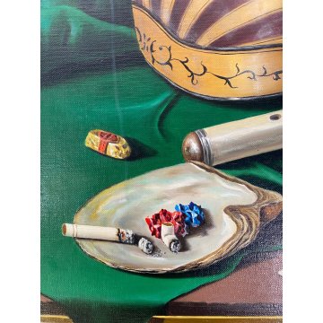 GRANDE QUADRO DIPINTO OLIO Arcangelo Maraga NATURA MORTA FRUTTA LIBRI VIOLINO