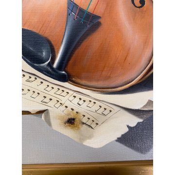 GRANDE QUADRO DIPINTO OLIO Arcangelo Maraga NATURA MORTA FRUTTA LIBRI VIOLINO