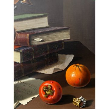 GRANDE QUADRO DIPINTO OLIO Arcangelo Maraga NATURA MORTA FRUTTA LIBRI VIOLINO