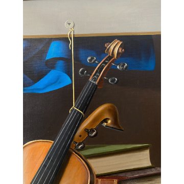 GRANDE QUADRO DIPINTO OLIO Arcangelo Maraga NATURA MORTA FRUTTA LIBRI VIOLINO