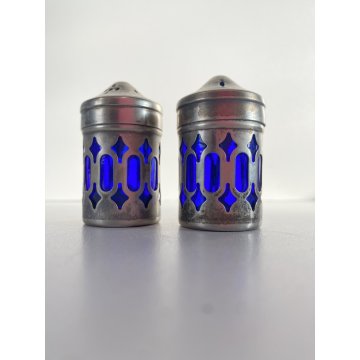 SET SALINO PEPINO SALT & PEPPER  SHAKERS METALLO ARGENTATO VETRO BLU COBALTO