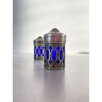 SET SALINO PEPINO SALT & PEPPER  SHAKERS METALLO ARGENTATO VETRO BLU COBALTO