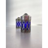 SET SALINO PEPINO SALT & PEPPER  SHAKERS METALLO ARGENTATO VETRO BLU COBALTO