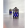 SET SALINO PEPINO SALT & PEPPER  SHAKERS METALLO ARGENTATO VETRO BLU COBALTO