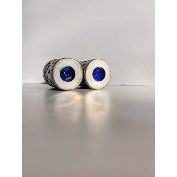 SET SALINO PEPINO SALT & PEPPER  SHAKERS METALLO ARGENTATO VETRO BLU COBALTO