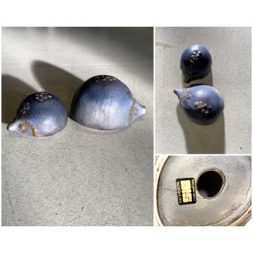 COPPIA SCULTURA FIGURA RICCIO CERAMICA GRES S.I.C. MONFERRATO GRIGIO AZZURRO '70