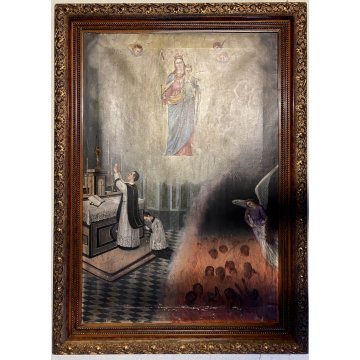 GRANDE DIPINTO OLIO Madonna Gesù BAMBINO MESSA PER LE ANIME del PURGATORIO '800