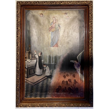 GRANDE DIPINTO OLIO Madonna Gesù BAMBINO MESSA PER LE ANIME del PURGATORIO '800