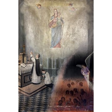 GRANDE DIPINTO OLIO Madonna Gesù BAMBINO MESSA PER LE ANIME del PURGATORIO '800