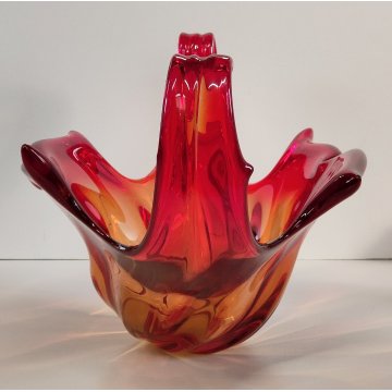 GRANDE VASO VETRO Murano ROSSO ARANCIONE anni 60 CENTROTAVOLA VINTAGE DESIGN 43,5 cm