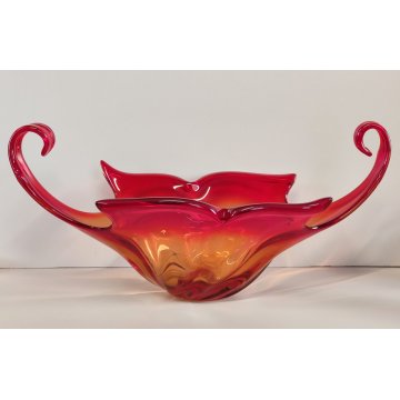 GRANDE VASO VETRO Murano ROSSO ARANCIONE anni 60 CENTROTAVOLA VINTAGE DESIGN 43,5 cm
