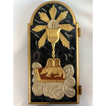 ANTICA ANTA TABERNACOLO LIGNEO DECORO RILIEVO Agnus Dei LIBRO SIGILLI EUCARESTIA
