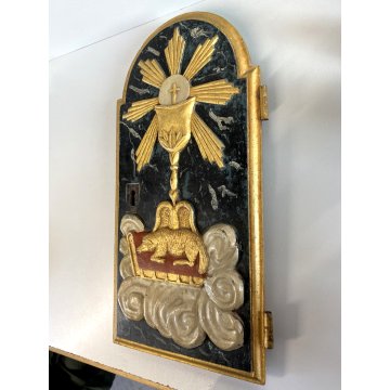ANTICA ANTA TABERNACOLO LIGNEO DECORO RILIEVO Agnus Dei LIBRO SIGILLI EUCARESTIA