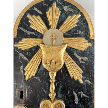 ANTICA ANTA TABERNACOLO LIGNEO DECORO RILIEVO Agnus Dei LIBRO SIGILLI EUCARESTIA