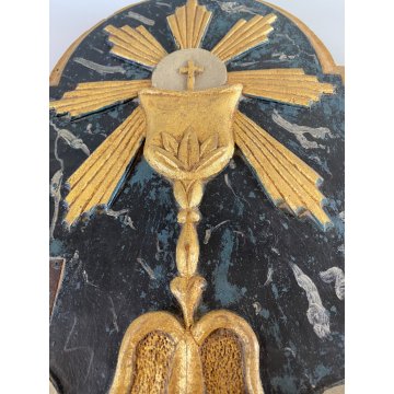 ANTICA ANTA TABERNACOLO LIGNEO DECORO RILIEVO Agnus Dei LIBRO SIGILLI EUCARESTIA