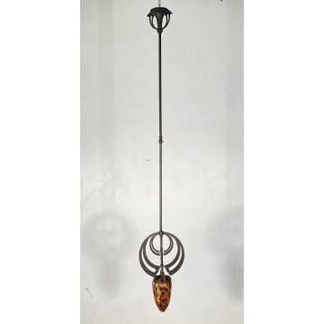 ANTICO LAMPADARIO FERRO ART NOUVEAU VETRO PRIMI 1900 HANGING LAMP EPOCA GLASS