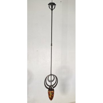 ANTICO LAMPADARIO FERRO ART NOUVEAU VETRO PRIMI 1900 HANGING LAMP EPOCA GLASS