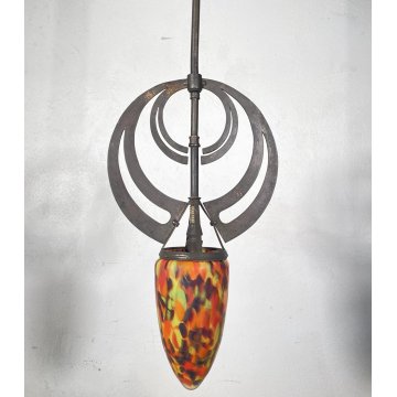 ANTICO LAMPADARIO FERRO ART NOUVEAU VETRO PRIMI 1900 HANGING LAMP EPOCA GLASS