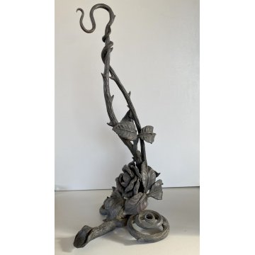 ANTICA LAMPADA A OLIO E SUPPORTO "Betty Lamp" FERRO BATTUTO RAMAGES ROSE 41 cm/h