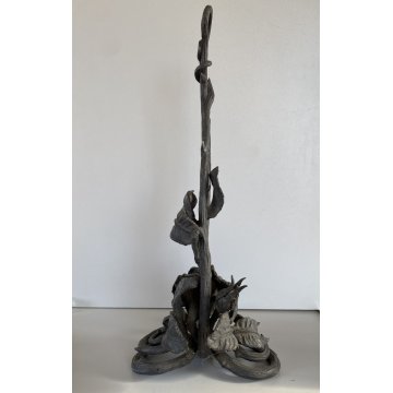ANTICA LAMPADA A OLIO E SUPPORTO "Betty Lamp" FERRO BATTUTO RAMAGES ROSE 41 cm/h