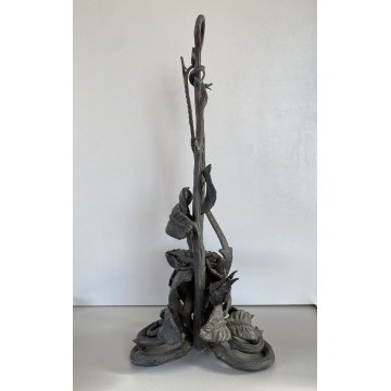 ANTICA LAMPADA A OLIO E SUPPORTO "Betty Lamp" FERRO BATTUTO RAMAGES ROSE 41 cm/h