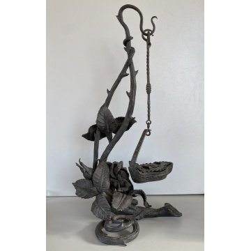 ANTICA LAMPADA A OLIO E SUPPORTO "Betty Lamp" FERRO BATTUTO RAMAGES ROSE 41 cm/h