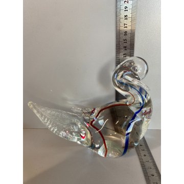 SCULTURA FIGURA CIGNO VETRO Murano BLU ROSSO TRANSPARENTE VINTAGE GLASS SWAN '70