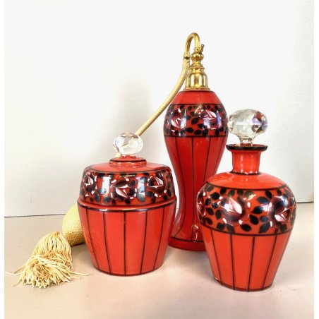 SET PROFUMO 3 ELEMENTI VETRO MURANO ROSSO DECORO NERO FIORI FOGLIE ART DECO' '40
