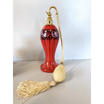 SET PROFUMO 3 ELEMENTI VETRO MURANO ROSSO DECORO NERO FIORI FOGLIE ART DECO' '40