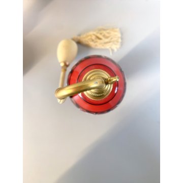 SET PROFUMO 3 ELEMENTI VETRO MURANO ROSSO DECORO NERO FIORI FOGLIE ART DECO' '40