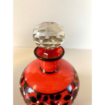 SET PROFUMO 3 ELEMENTI VETRO MURANO ROSSO DECORO NERO FIORI FOGLIE ART DECO' '40